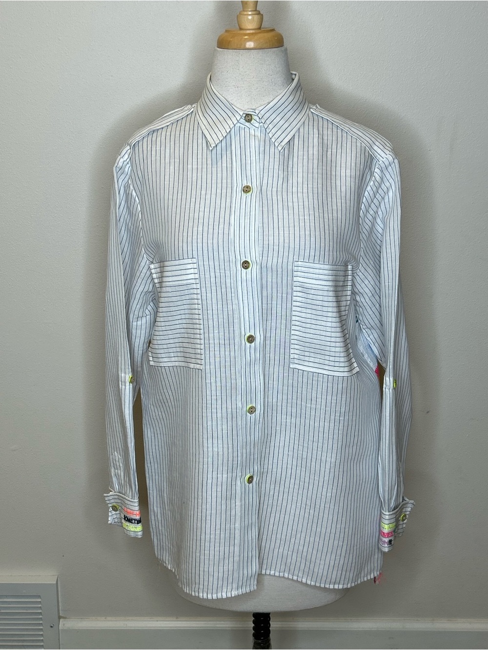 Vilagallo Women’s White & Blue Pinstripe Button-Down Shirt Size 42 M